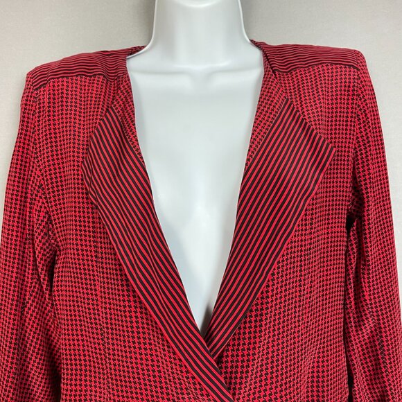 Vintage Silk Blazer Top John Yang Double Breasted Red Black Houndstooth 1980s - Picture 5 of 15